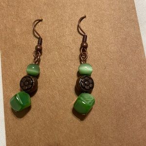 Handmade green and bronze hanging earrings